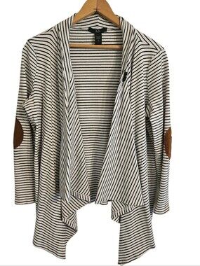 Rain Navy Striped Open-Front Cardigan with Elbow Patches Sz M